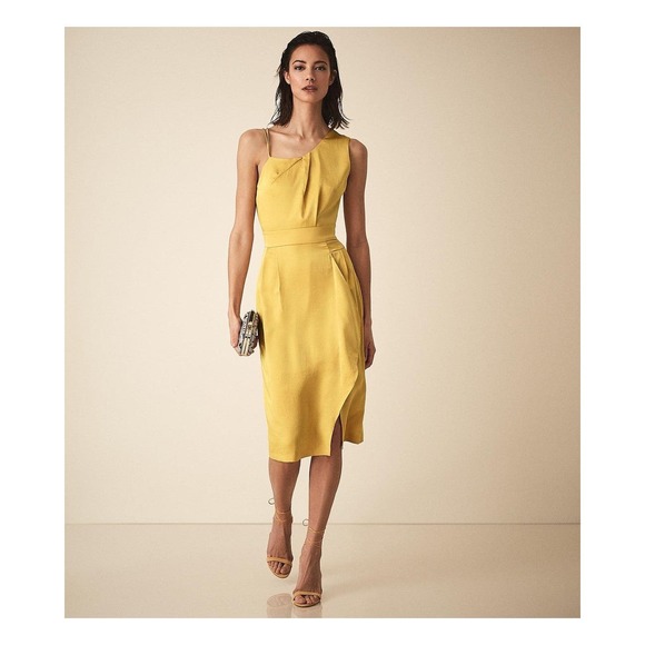 Reiss Sara Yellow Asymmetric One Shoulder Ruffled Cocktail Dress Size 4 - Picture 1 of 12